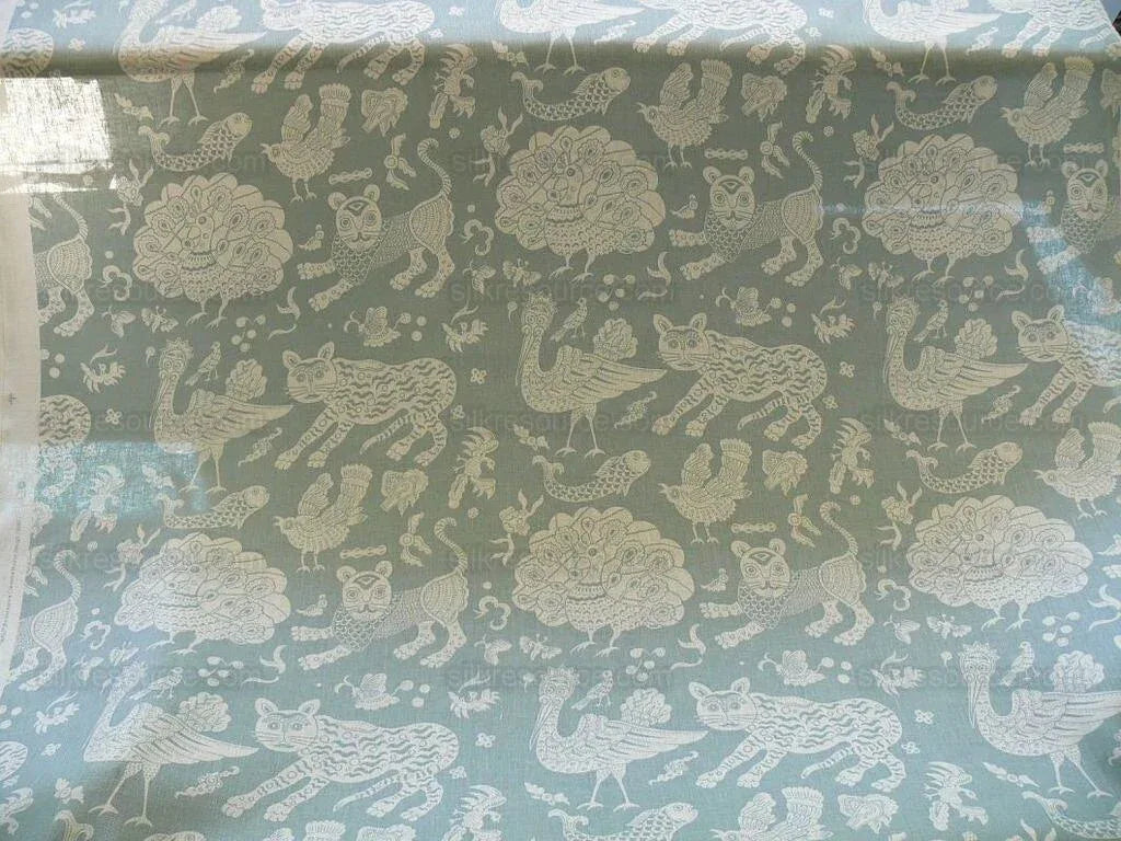 Clarence House Mythical Animals Bali Aqua Blue Robbin's Egg Linen Print Asian Tiger Peacock Fish