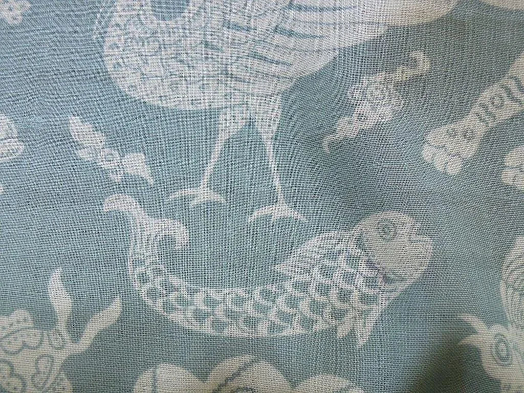 Clarence House Mythical Animals Bali Aqua Blue Robbin's Egg Linen Print Asian Tiger Peacock Fish