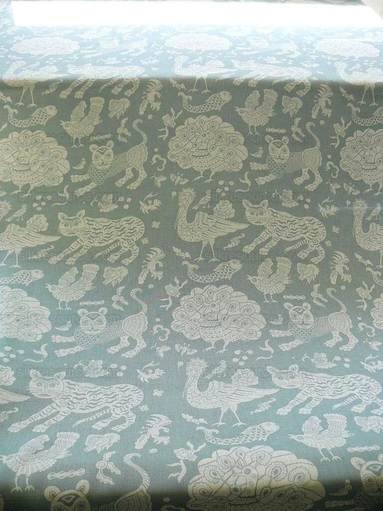 Clarence House Mythical Animals Bali Aqua Blue Robbin's Egg Linen Print Asian Tiger Peacock Fish