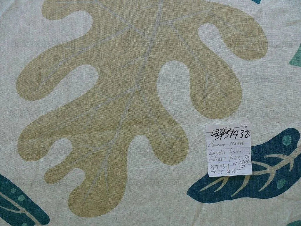Clarence House Landis Linen Foliage Print Blue Green Grey Tan Chartreuse Elm Maple Oak MSRP USD 190/y