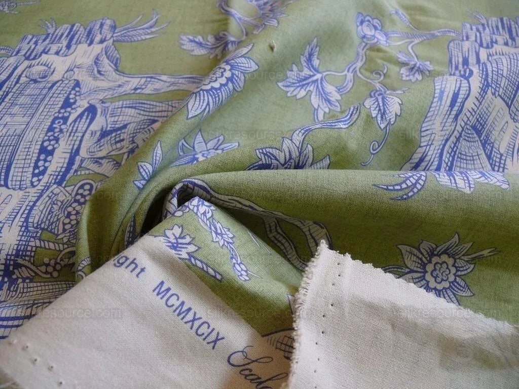 Scalamandre The Wine Grower Linen Print Green Blue 1yd  #1444