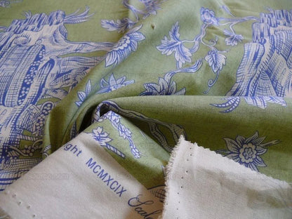 Scalamandre The Wine Grower Linen Print Green Blue 1yd  #1444