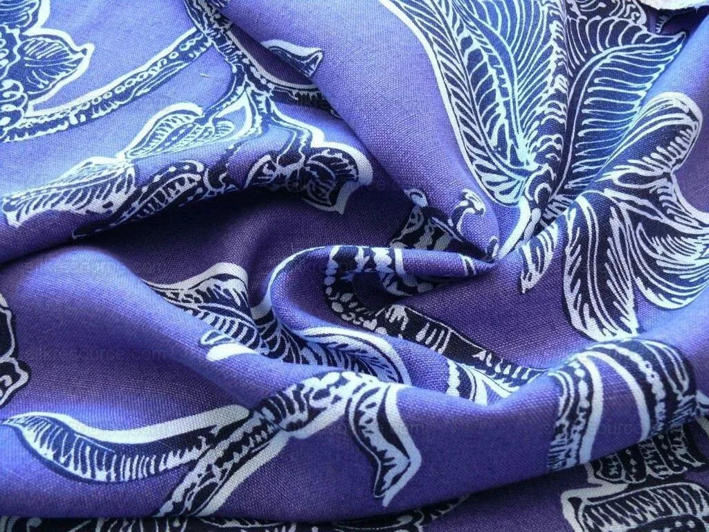 Clarence House Orlando In Indigo Blue Purple Black Linen Tropical Floral Print