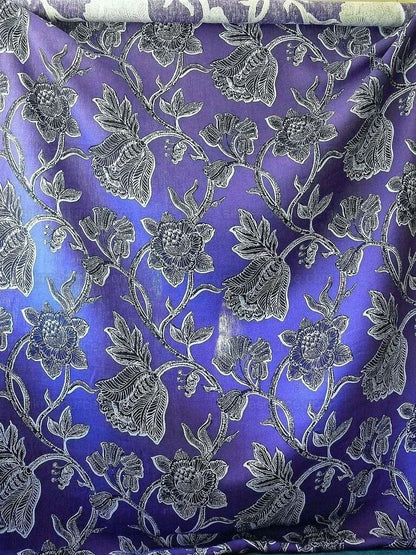 Clarence House Orlando In Indigo Blue Purple Black Linen Tropical Floral Print