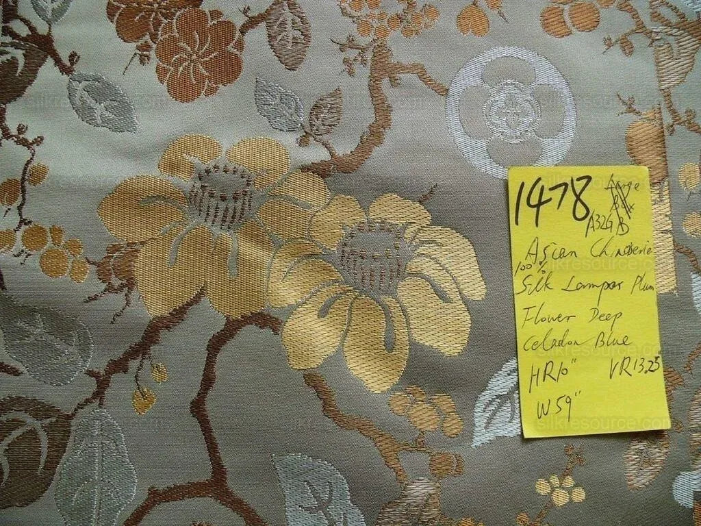 Kravet Chinoiserie Silk Lampas Plum flowing Quince ETHEREAL AIR Celadon Blue Gold