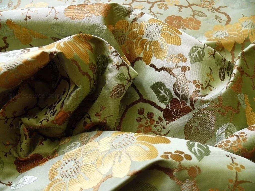 Kravet Chinoiserie Silk Lampas Plum flowing Quince ETHEREAL AIR Celadon Blue Gold