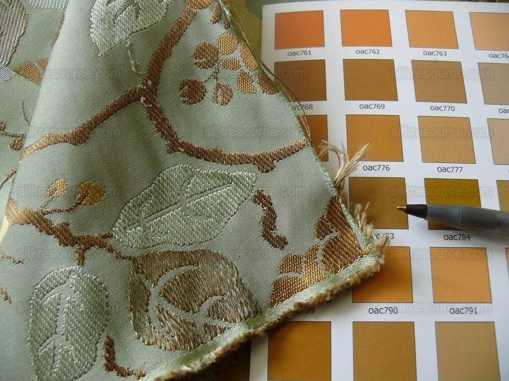 Kravet Chinoiserie Silk Lampas Plum flowing Quince ETHEREAL AIR Celadon Blue Gold