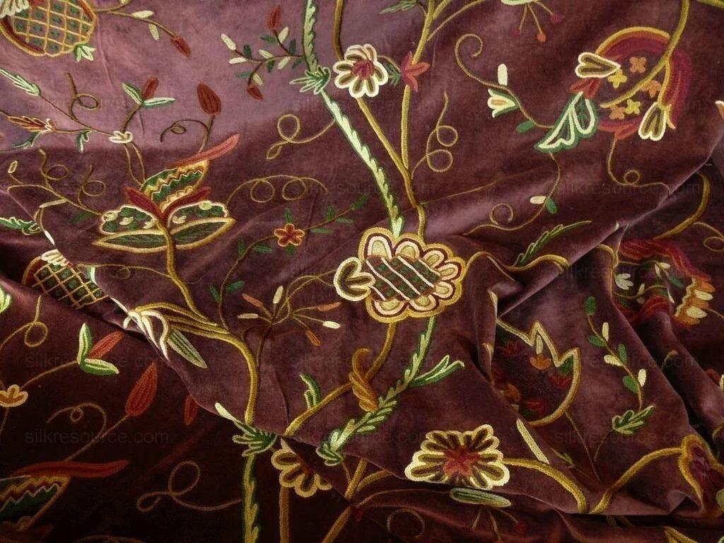 Old World Weavers Sikandra Velour Wool Crewel Velvet Multi On Brown Hand Embroidery MSRP USD 568/y