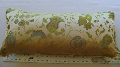 100% SILK LAMPAS GRN & BL ON CREAM POM FLOWER PILLOW 25X11" 1508