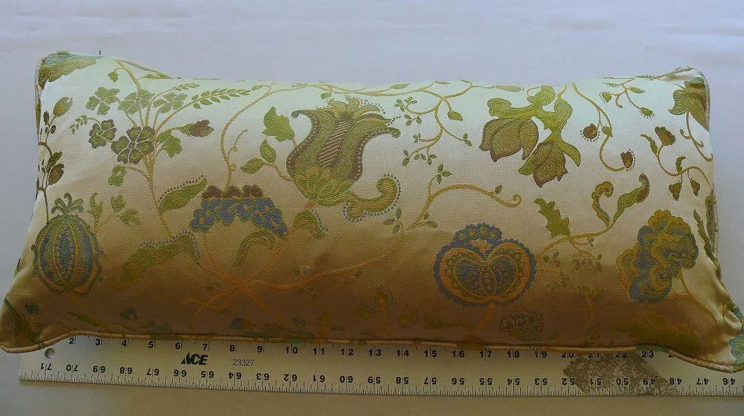 100% Silk Lampas Green & Blue On Cream Gold Pom Flower Pillow 25x11" 1508