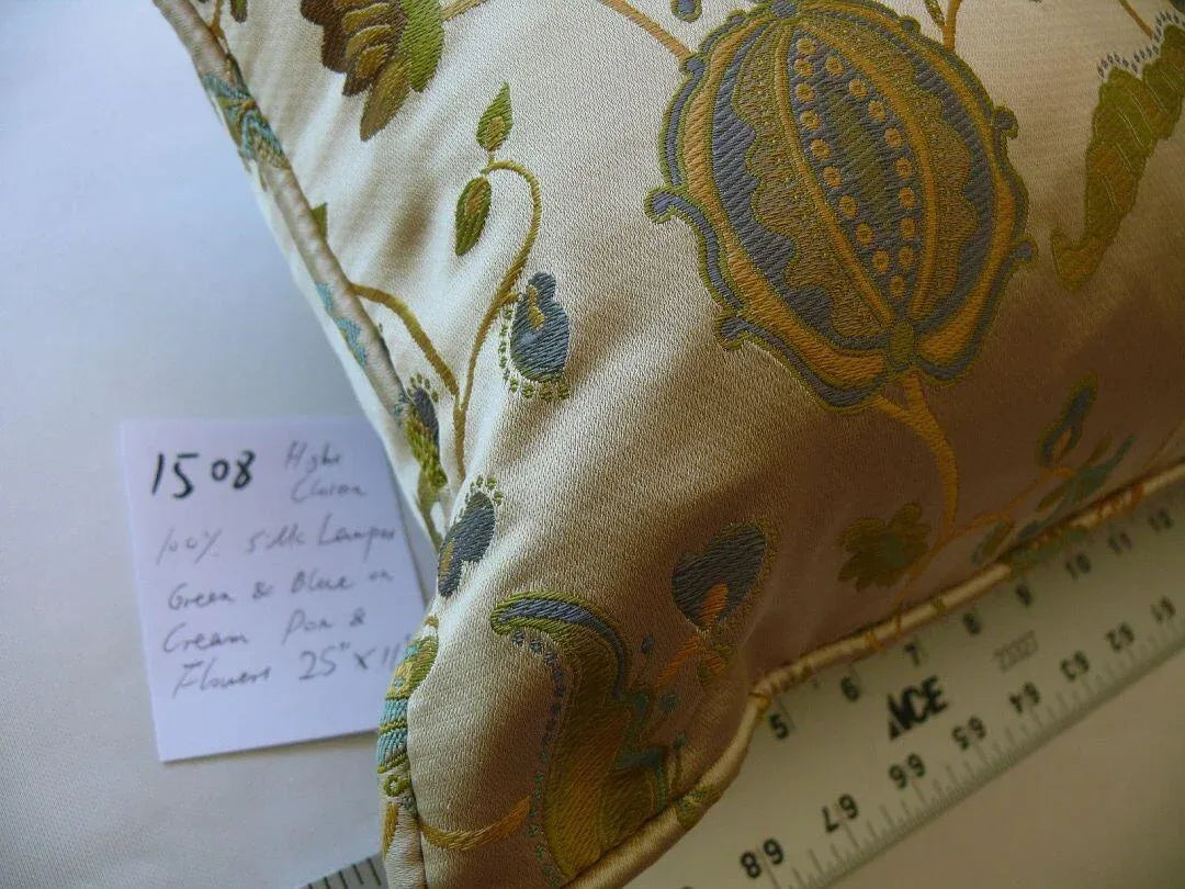 100% Silk Lampas Green & Blue On Cream Gold Pom Flower Pillow 25x11" 1508