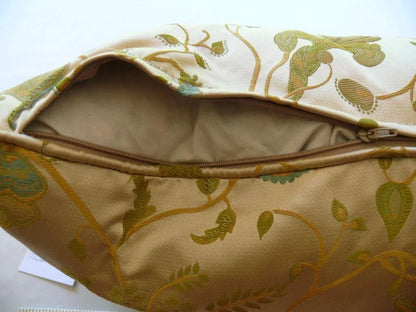 100% Silk Lampas Green & Blue On Cream Gold Pom Flower Pillow 25x11" 1508