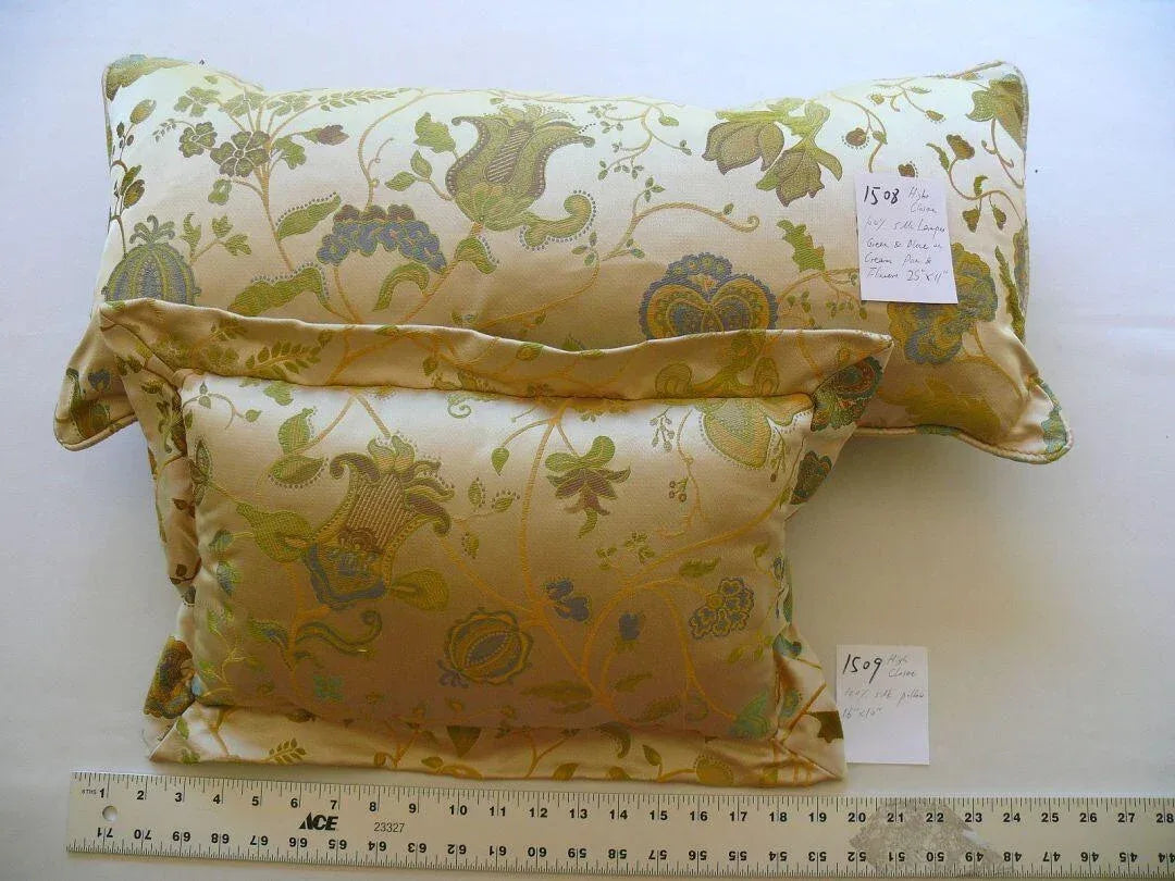 100% Silk Lampas Green & Blue On Cream Gold Pom Flower Pillow 25x11" 1508