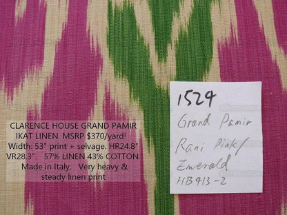 Clarence House Grand Pamir Ikat Linen Print Spectacular Rani Pink Emerald Rt$370/y