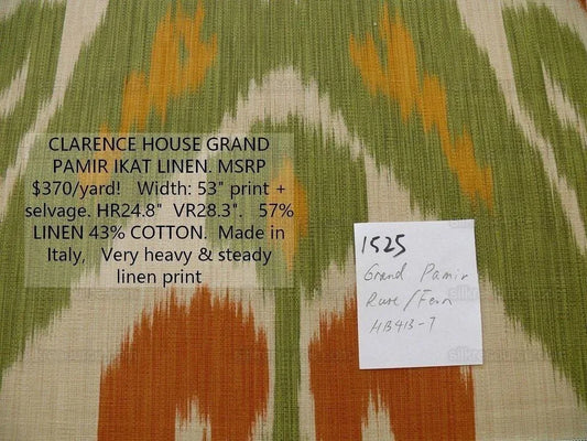 By Yd Clarence House Grand Pamir Ikat Linen Rust &amp; Fern Green MSRP USD 370/yard
