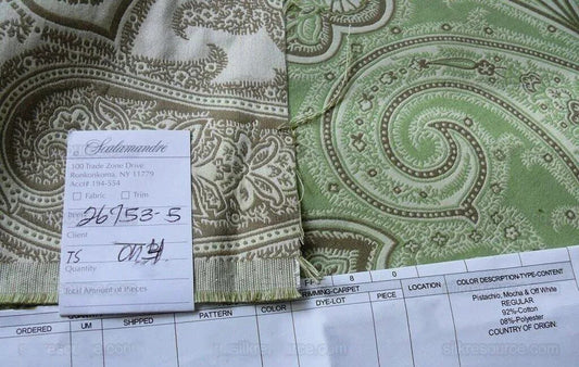 Scalamandre Kellie Pistachio Green Mocha and Off White Paisley Cotton Jacquard MSRP USD 142/y By yard