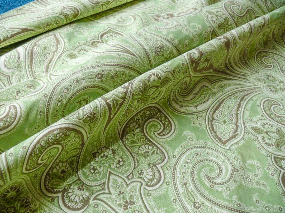 Scalamandre Kellie Pistachio Green Mocha and Off White Paisley Cotton Jacquard MSRP USD 142/y By yard