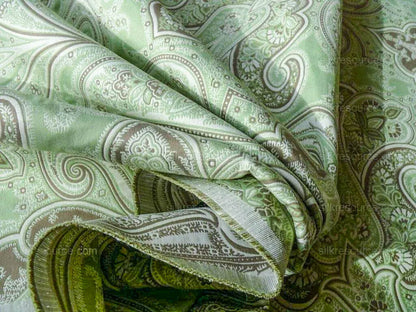 Scalamandre Kellie Pistachio Green Mocha and Off White Paisley Cotton Jacquard MSRP USD 142/y By yard