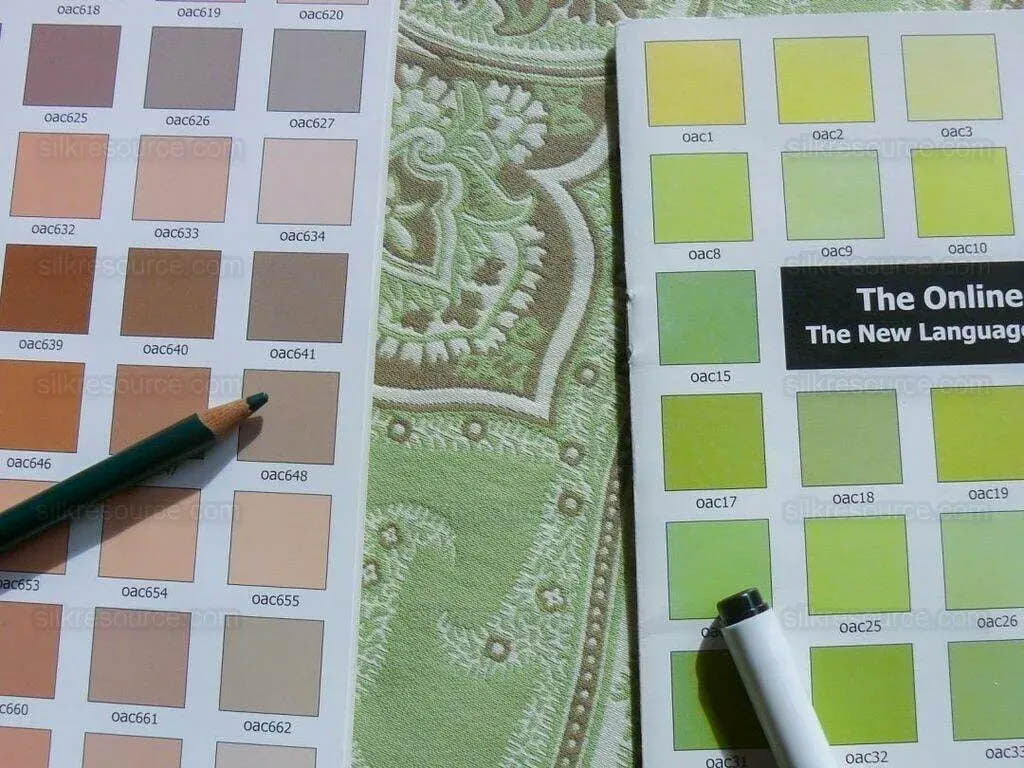 Scalamandre Kellie Pistachio Green Mocha and Off White Paisley Cotton Jacquard MSRP USD 142/y By yard