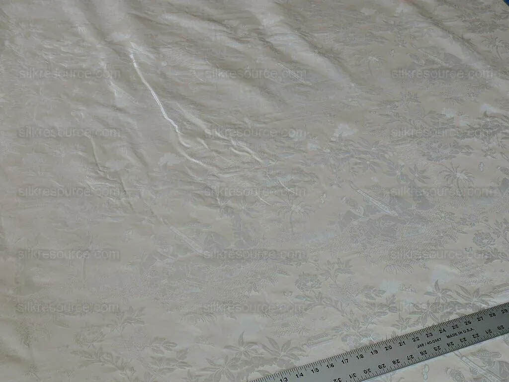 100% Silk Damask Chinoiserie Toile Music Garden "nimbus" Cream White