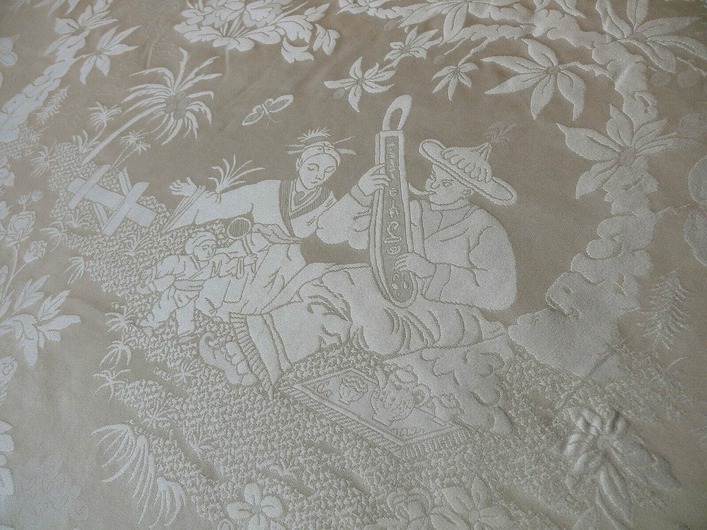 100% Silk Damask Chinoiserie Toile Music Garden "nimbus" Cream White