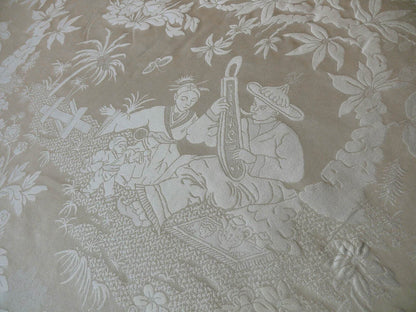 100% Silk Damask Chinoiserie Toile Music Garden "nimbus" Cream White