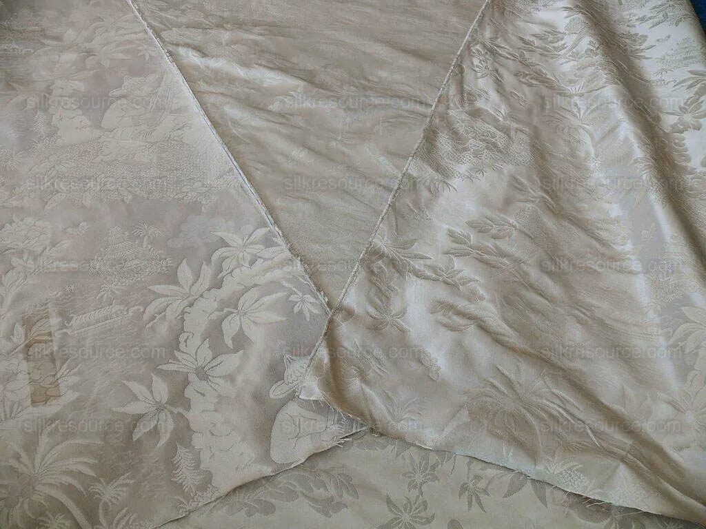 100% Silk Damask Chinoiserie Toile Music Garden "nimbus" Cream White
