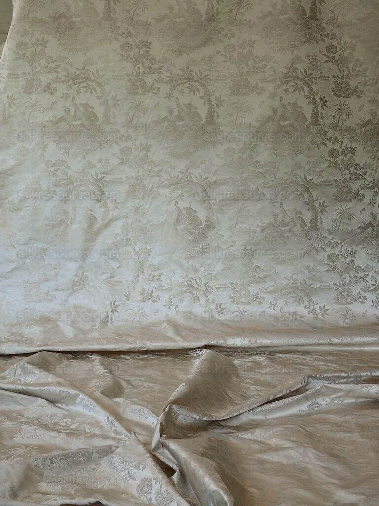 100% Silk Damask Chinoiserie Toile Music Garden "nimbus" Cream White