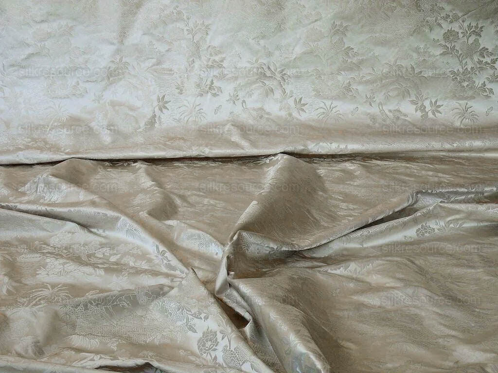 100% Silk Damask Chinoiserie Toile Music Garden "nimbus" Cream White