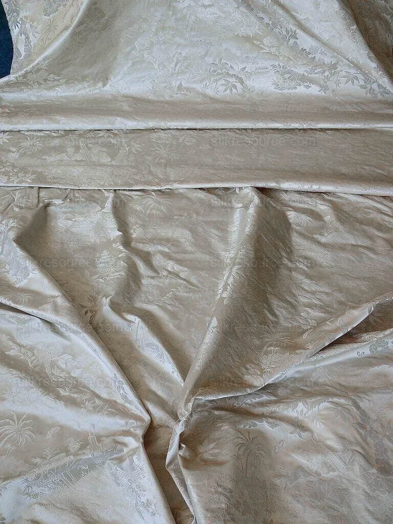 100% Silk Damask Chinoiserie Toile Music Garden "nimbus" Cream White