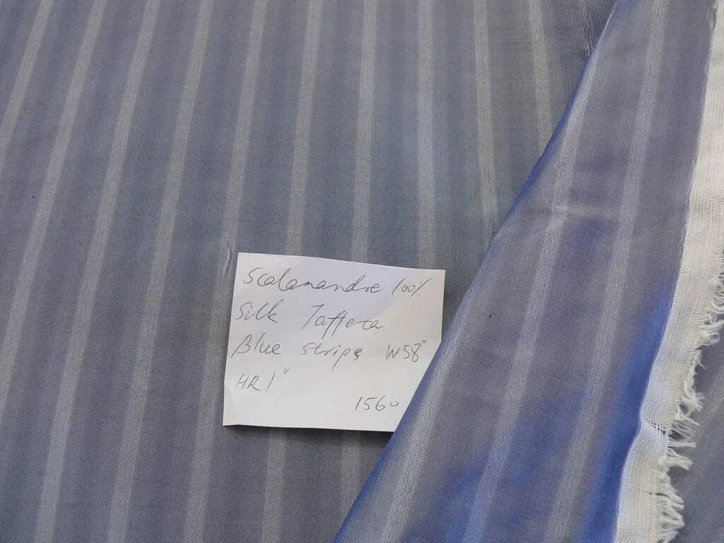 by yard Scalamandre Shimmer Silk 100% Silk Taffeta Blue Grey Cream White Silk Taffeta Stripe MSRP USD192/y
