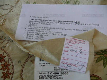 Scalamandre Old World Weaver Hand-beaded! Kyari Embroidery Silk Lime Butterscotch MSRP USD216/Y