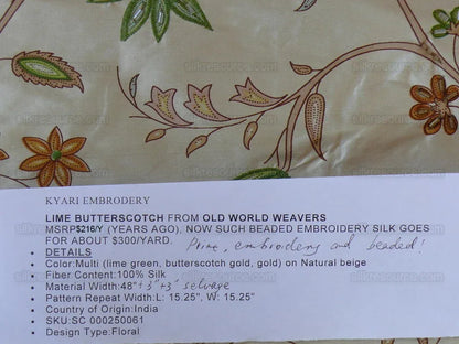 Scalamandre Old World Weaver Hand-beaded! Kyari Embroidery Silk Lime Butterscotch MSRP USD216/Y