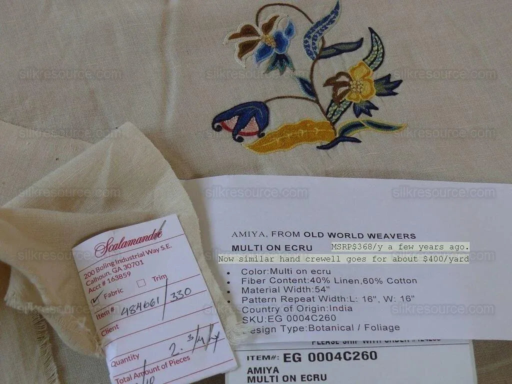 Scalamandre Old World Weavers Amiya Hand Embroidery Crewel Sprig MSRP USD 368/Y