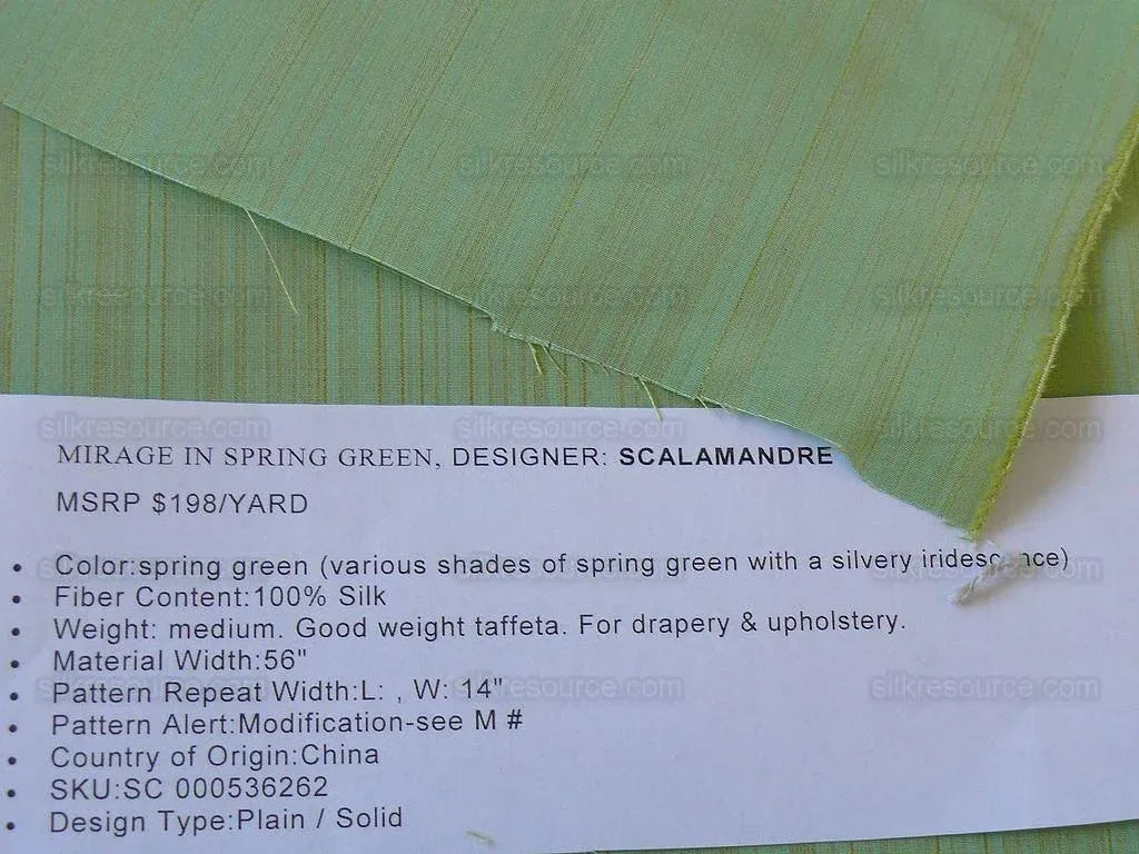 Scalamandre Mirage 100% Silk Self Strie Spring Green Silk Taffeta MSRP USD 218/Y