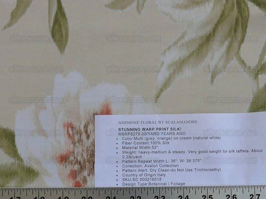 Scalamandre Anemone Flower Red and Cream Atmospheric 100% Silk Taffeta Print 20 Screens MSRP USD 278/Y