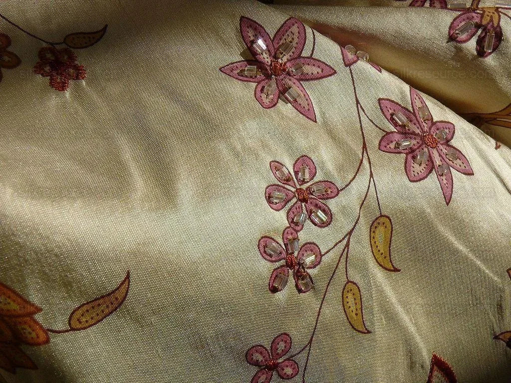 Scalamandre Kyari Embroidery Silk Fuchsia Gold Beaded with Real Glass MSRP USD216/Y