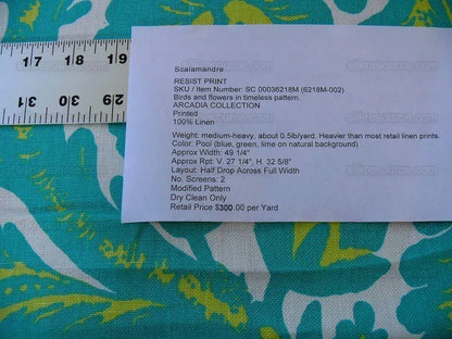 Scalamandre Resist Print Bird Flower Toile Linen Pool Green Blue MSRP USD 300/Y