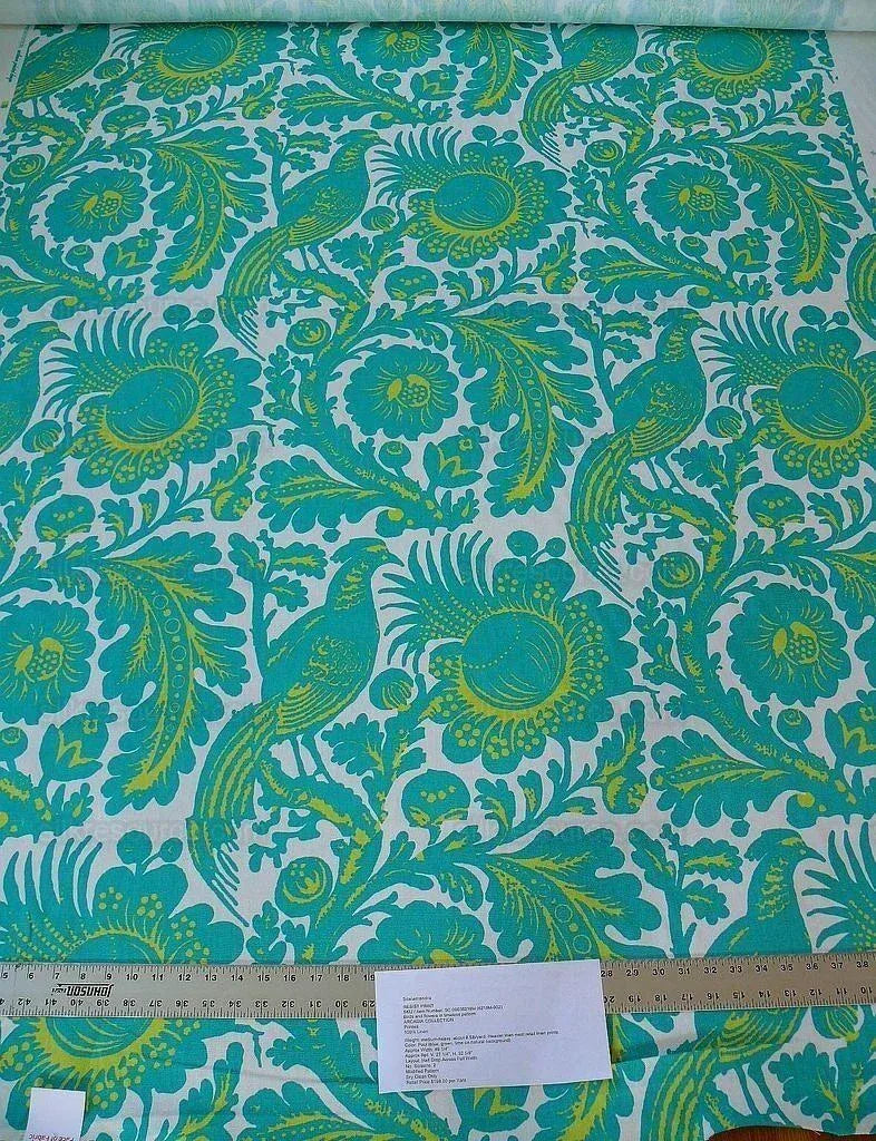 Scalamandre Resist Print Bird Flower Toile Linen Pool Green Blue MSRP USD 300/Y