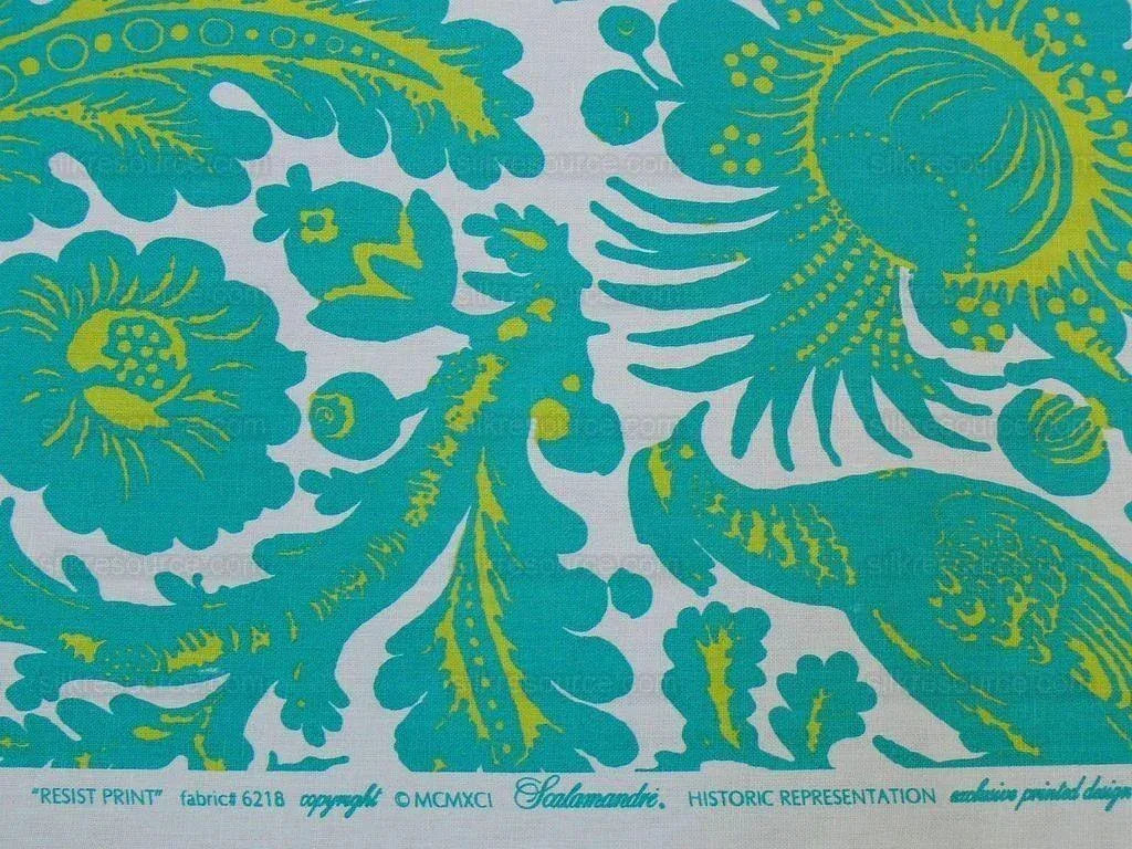 Scalamandre Resist Print Bird Flower Toile Linen Pool Green Blue MSRP USD 300/Y