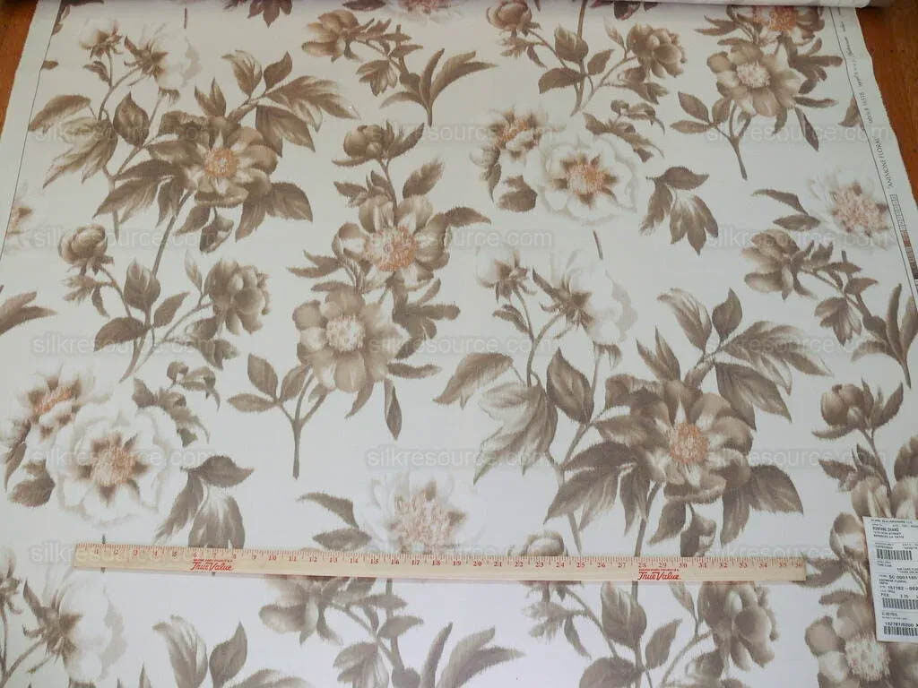 Scalamandre Anemone Flower Sepia Light Brown Grey On Cream Atmospheric 100% Silk Taffeta Print 20 Screens MSRP USD 278/Y
