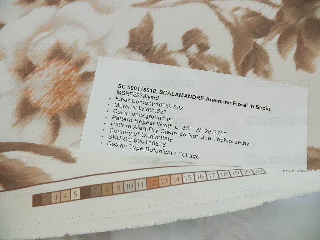 Scalamandre Anemone Flower Sepia Light Brown Grey On Cream Atmospheric 100% Silk Taffeta Print 20 Screens MSRP USD 278/Y