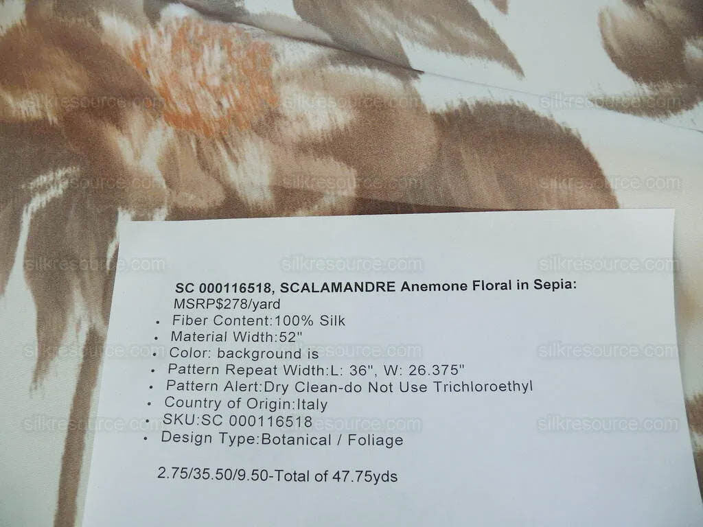 Scalamandre Anemone Flower Sepia Light Brown Grey On Cream Atmospheric 100% Silk Taffeta Print 20 Screens MSRP USD 278/Y
