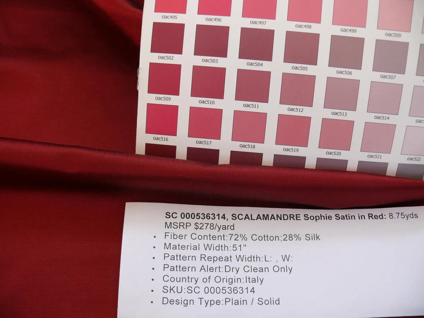 SCALAMANDRE SOPHIE SATIN SILK DEEP RED RTP$278/Y