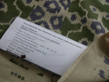 Scalamandre Tropical Ikat Bali Navy Blue Emerald Green Linen From Italy MSRP USD270/y