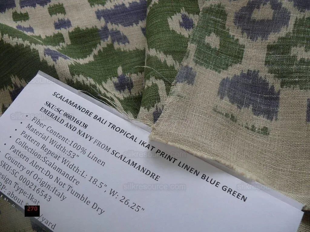 Scalamandre Tropical Ikat Bali Navy Blue Emerald Green Linen From Italy MSRP USD270/y