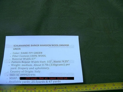 Scalamandre Barker Mansion 100% Worsted Wool Damask Ivy Green