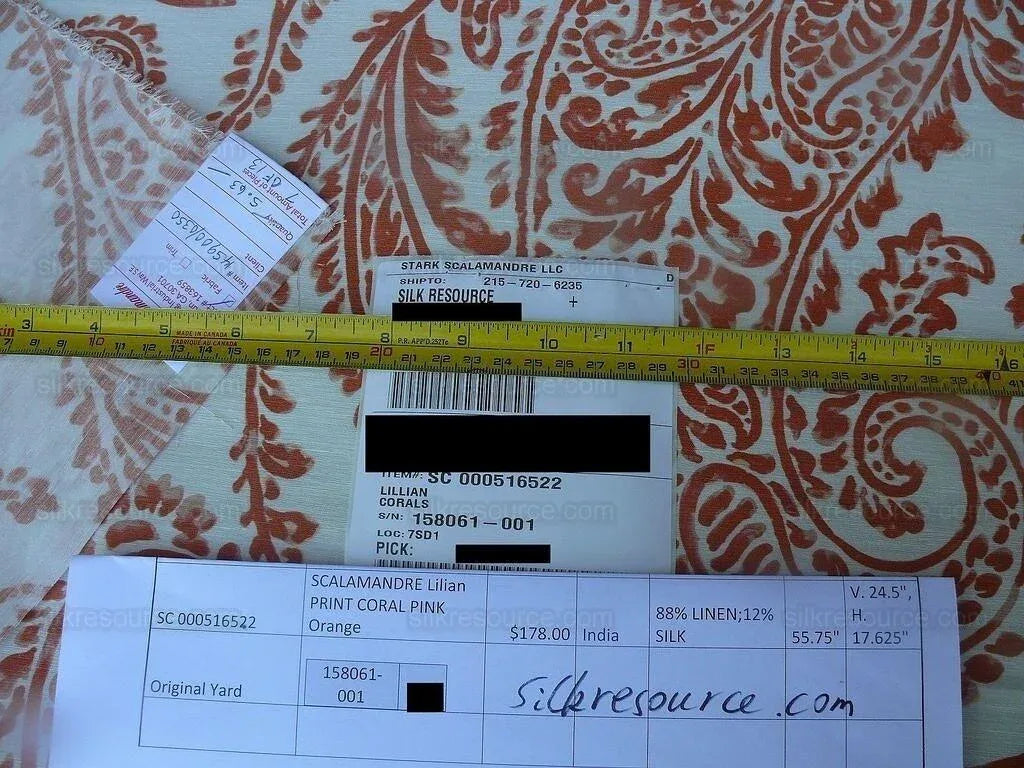 by yard Scalamandre Lillian Coral Red Orange White Silk Linen Paisley Print MSRP USD 178Y