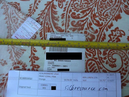 by yard Scalamandre Lillian Coral Red Orange White Silk Linen Paisley Print MSRP USD 178Y