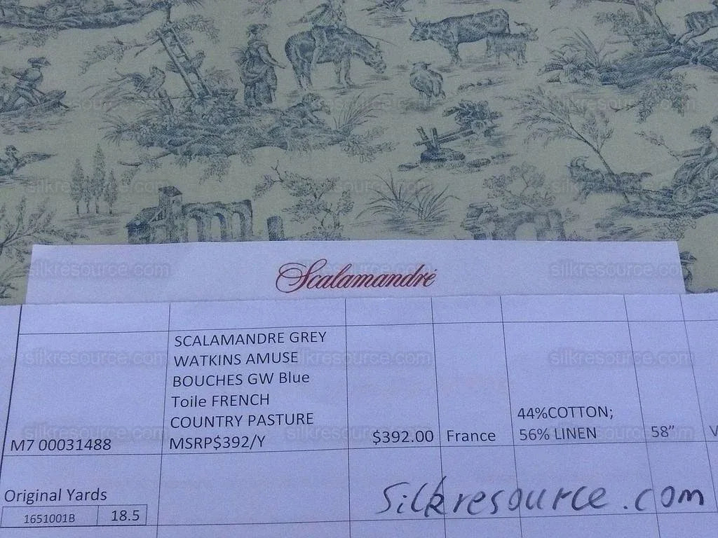 Scalamandre Toile de jouy Amuse Bouches Blue Cream White French Country Print Chintz Duck Dog Donkey MSRP USD 392/Y